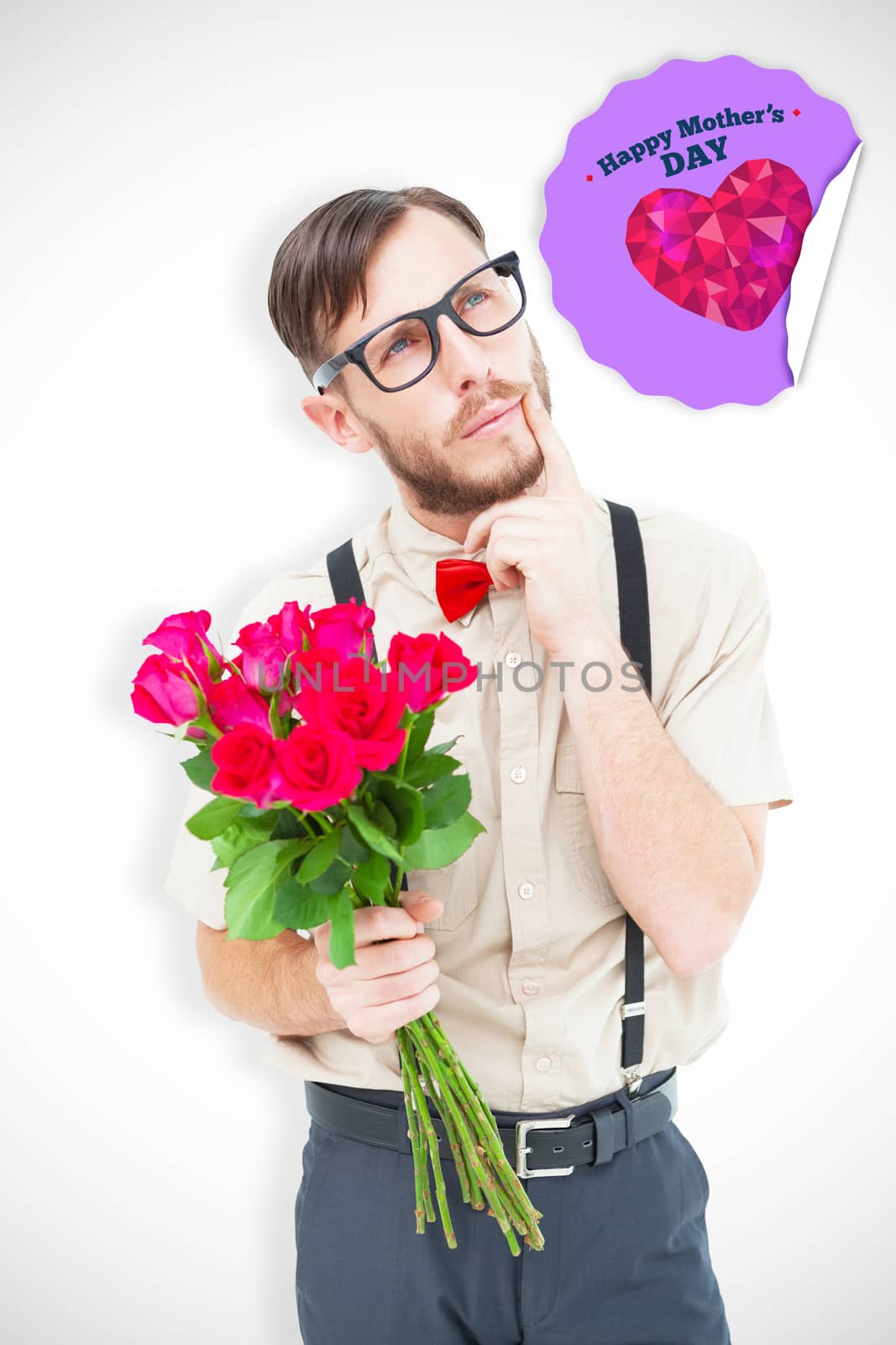 Geeky hipster offering bunch of roses against happy mothers day