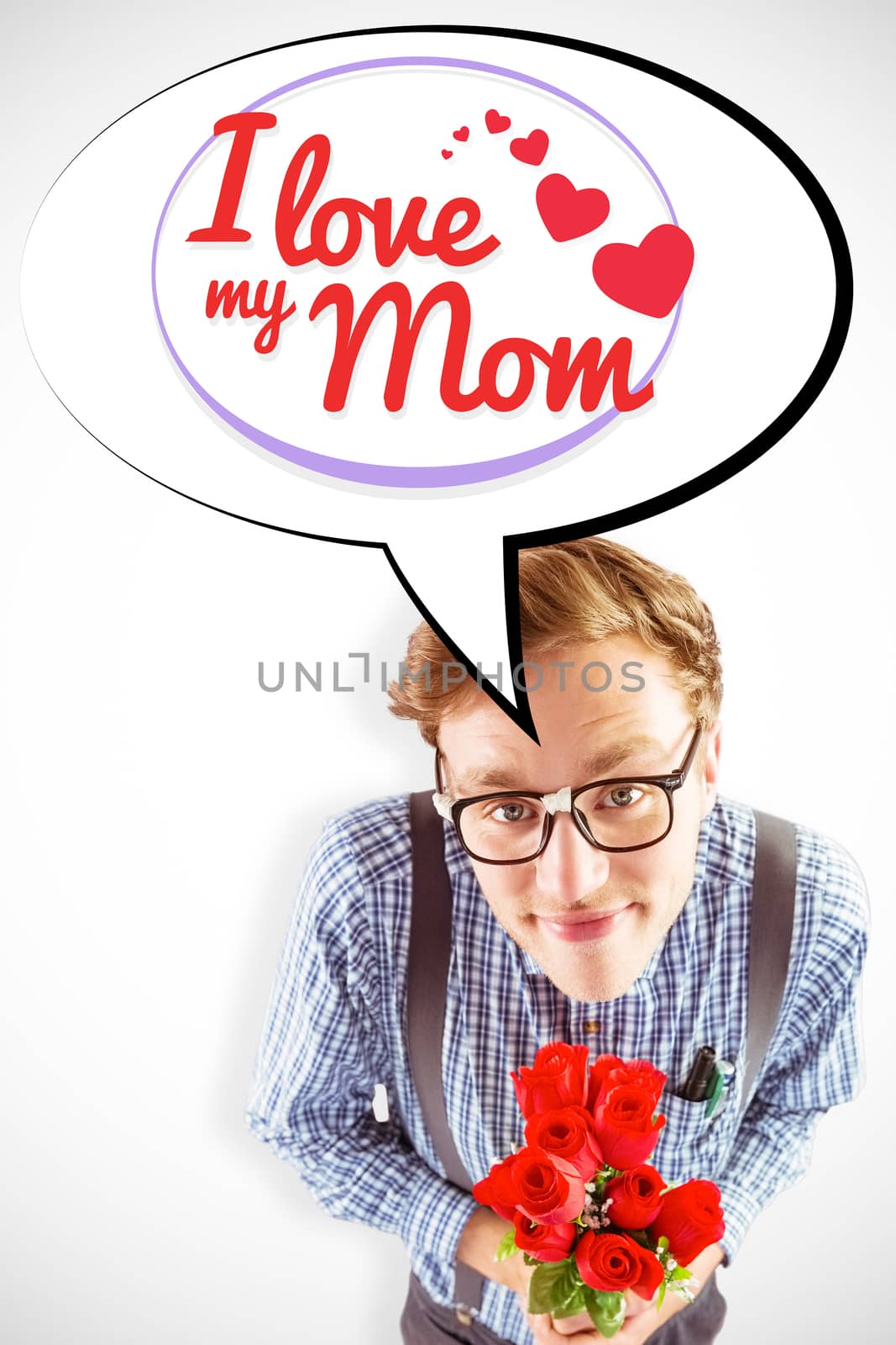 Geeky hipster holding a bunch of roses against mothers day greeting