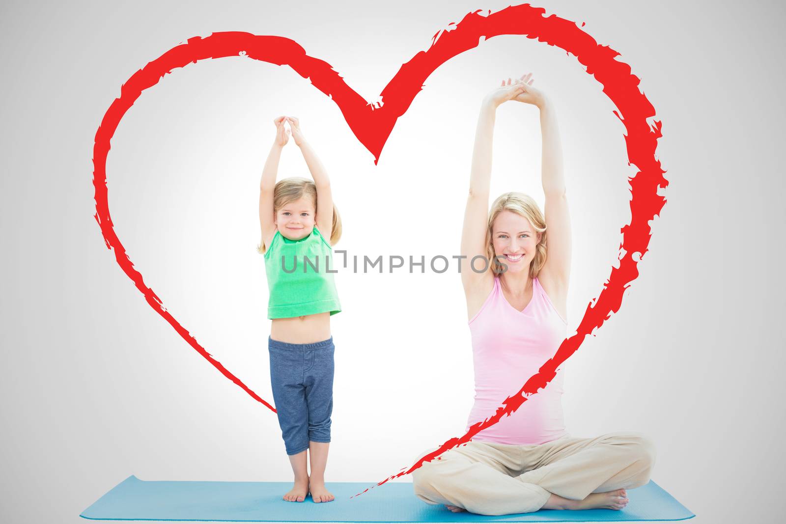 Pregnant mother and daughter doing yoga together against heart