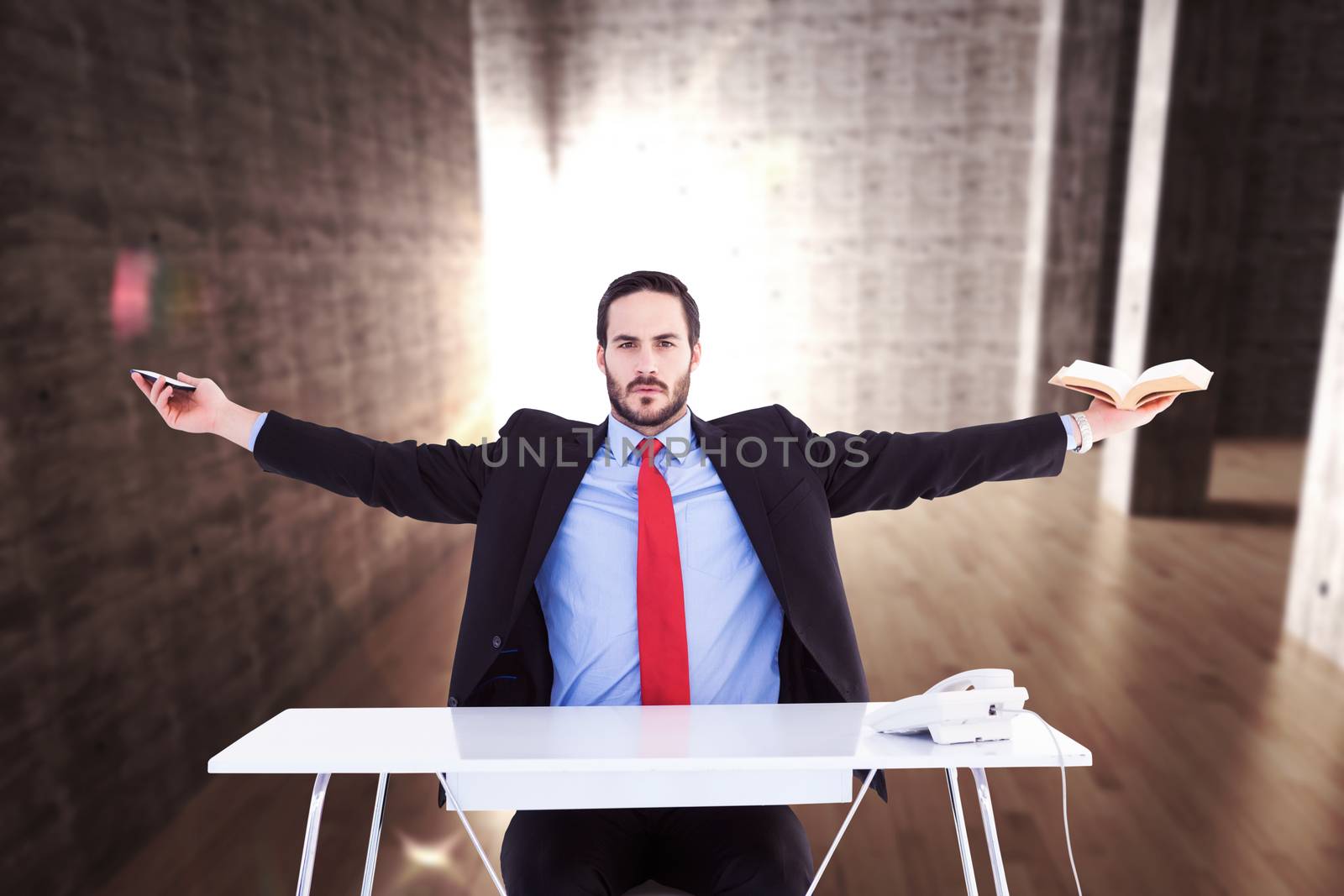 Composite image of unsmiling businessman sitting with arms outstretched by Wavebreakmedia