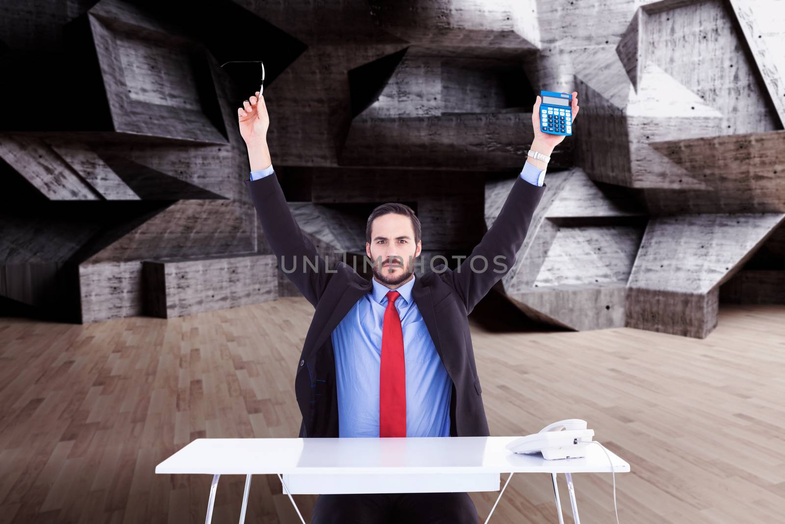 Businessman holding up reading glasses and calculator against abstract room