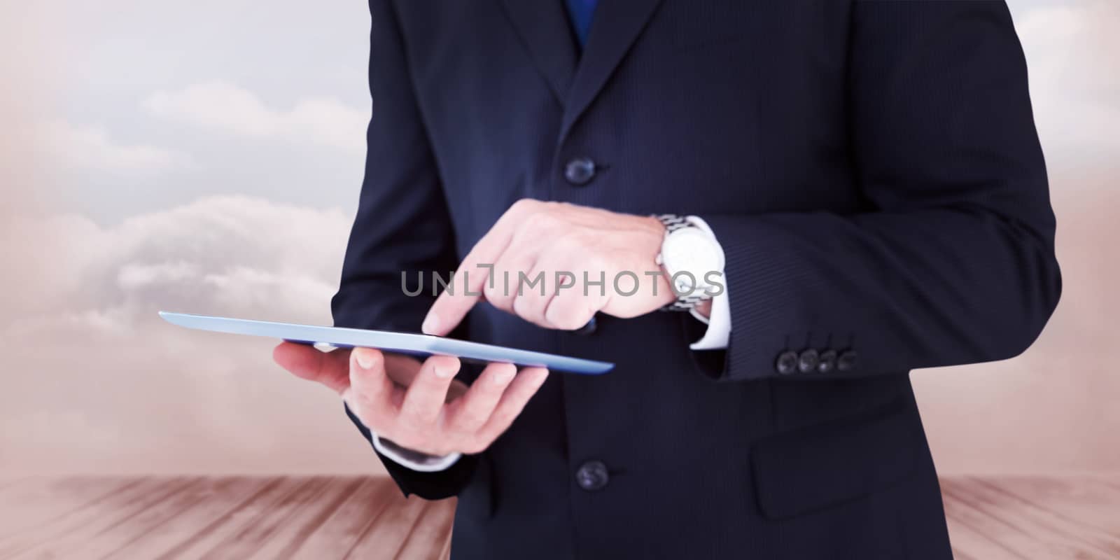 Smiling businessman in glasses with arms out against clouds in a room