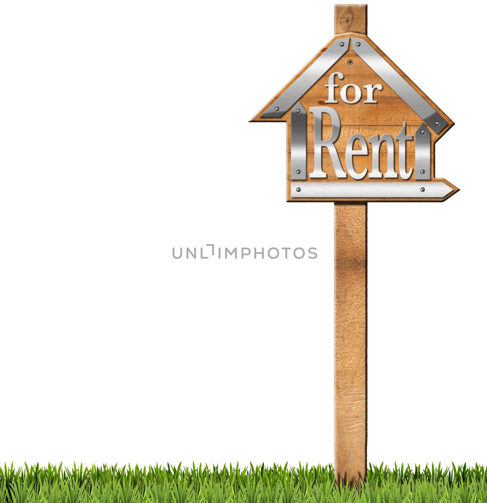 Wooden and metallic sign in the shape of house with text for rent and wooden pole. For rent real estate sign isolated on white background with green grass