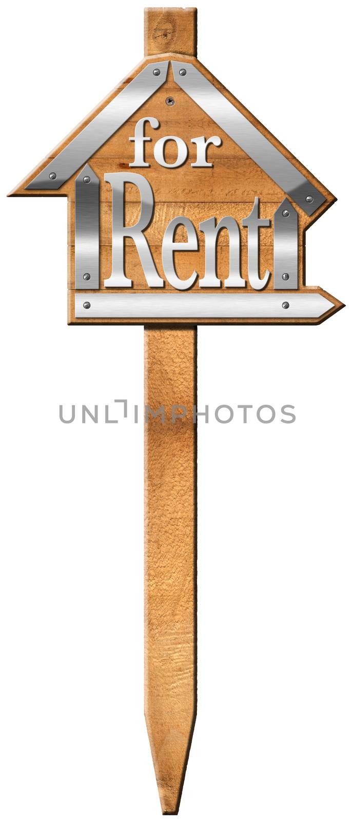 Wooden and metallic sign in the shape of house with text for rent and wooden pole. For rent real estate sign isolated on white background