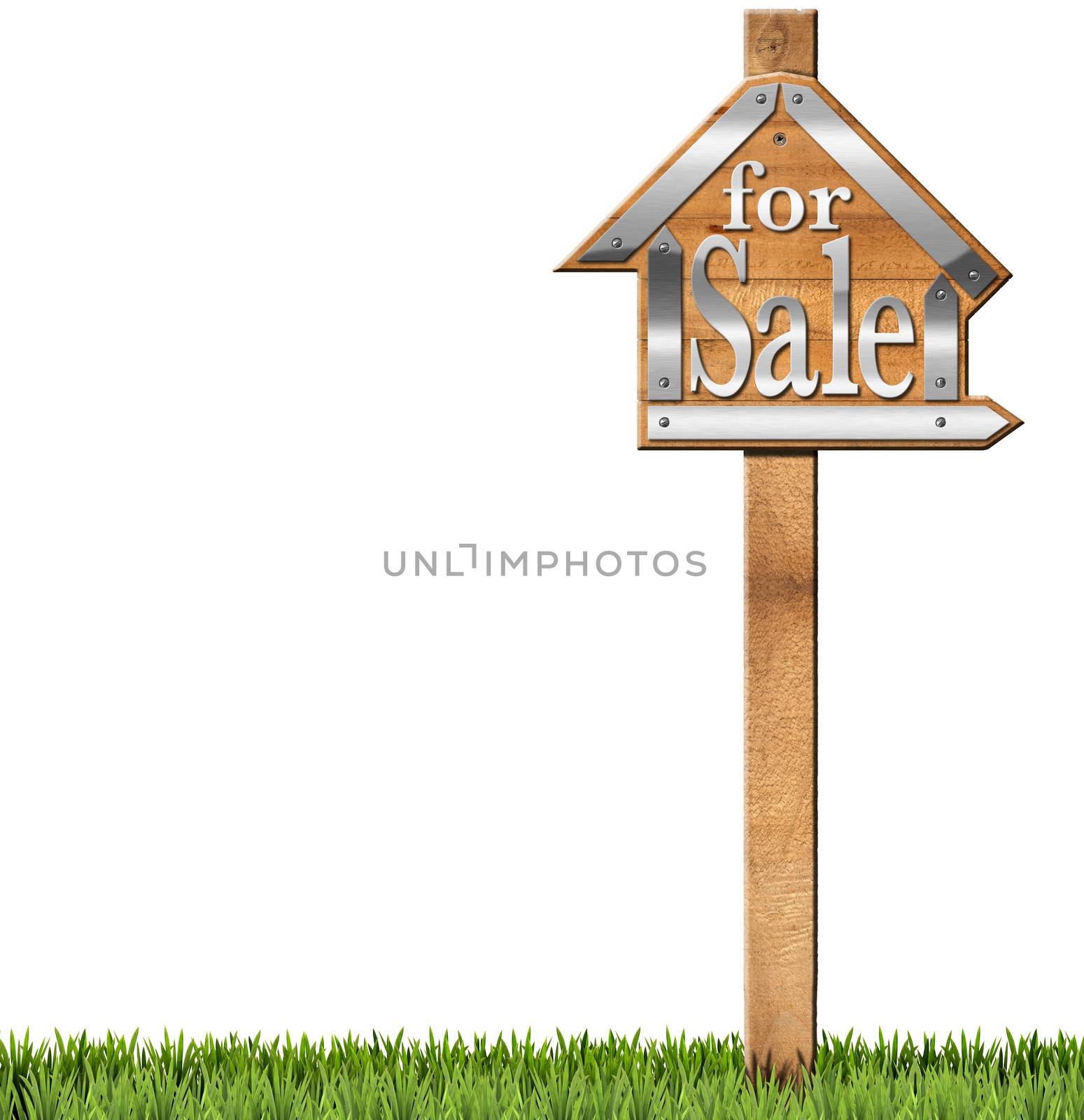 Wooden and metallic sign in the shape of house with text for sale and wooden pole. For sale real estate sign isolated on white background with green grass