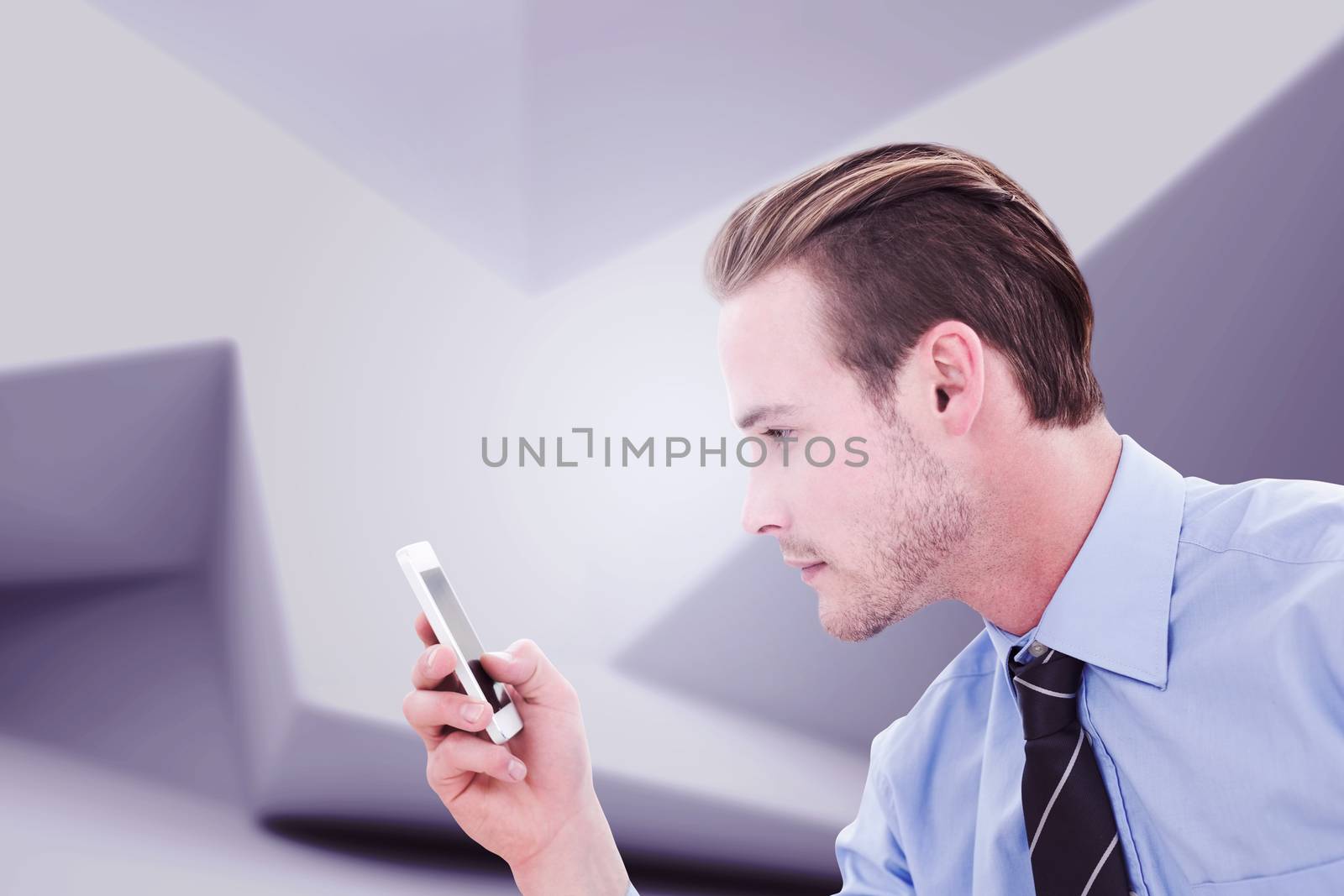 Businessman looking at phone against abstract white room