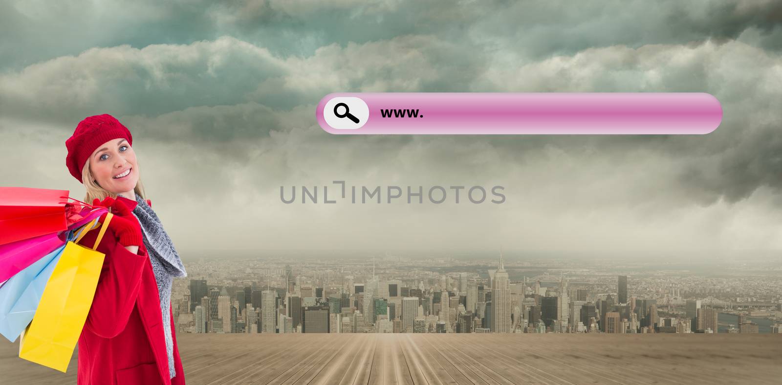 Blonde in winter clothes holding shopping bags against clouds over city