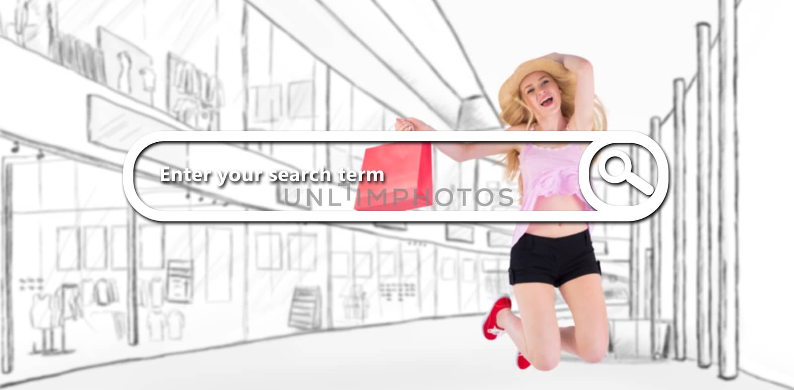 Pretty young blonde holding shopping bags against search engine 