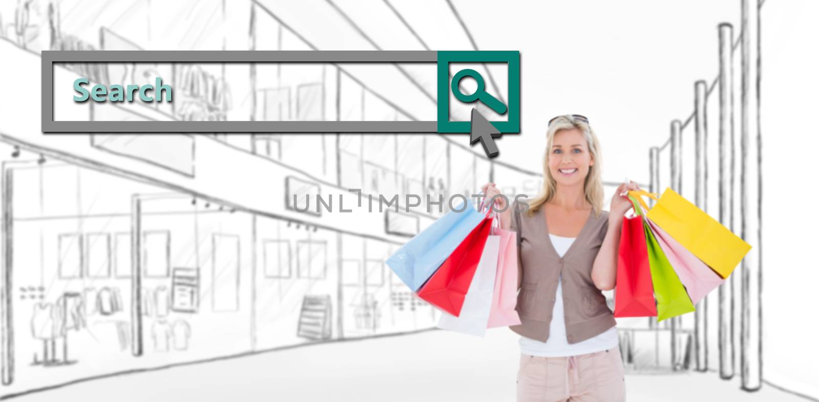 Happy blonde holding shopping bags against search engine 