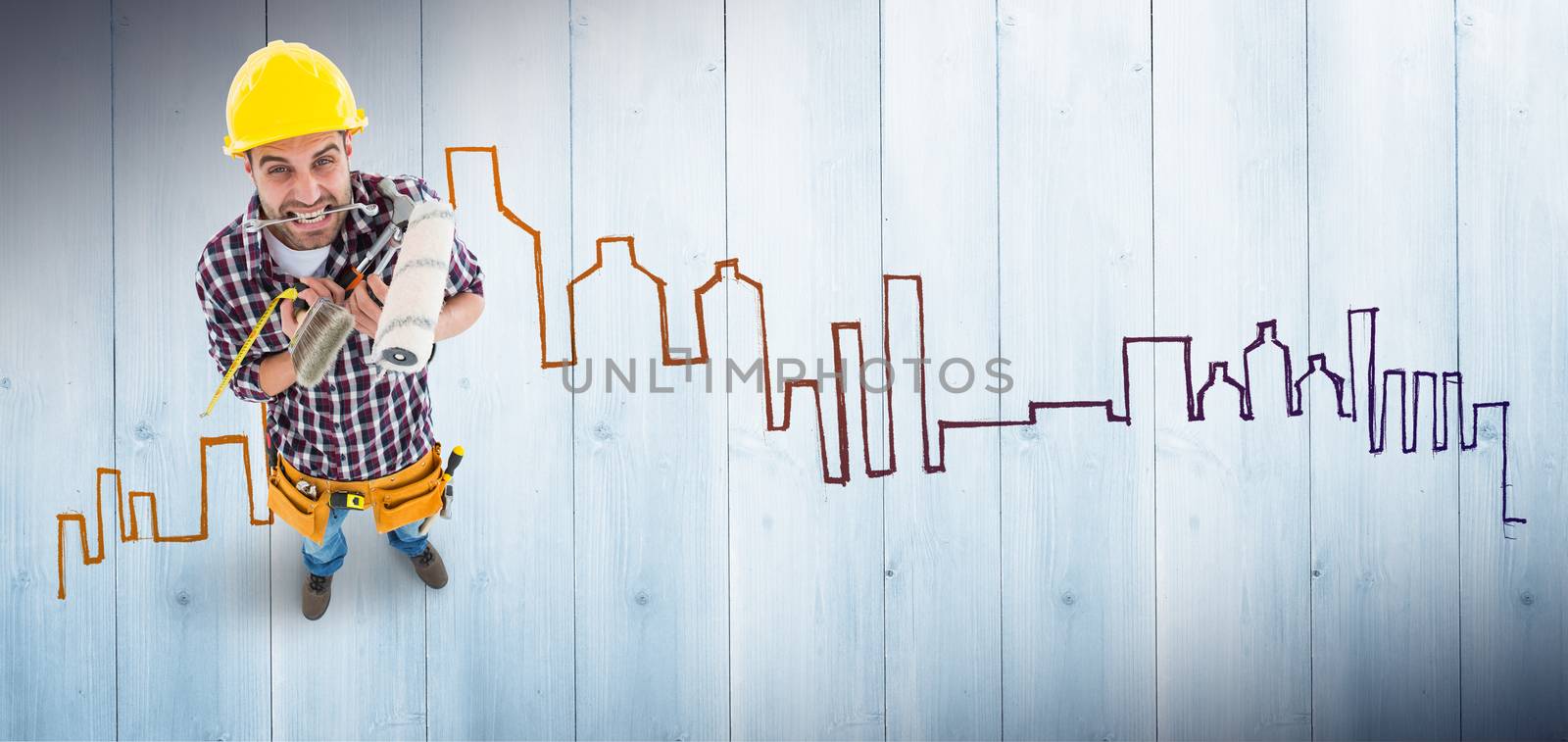 Composite image of frustrated handyman holding various tools by Wavebreakmedia