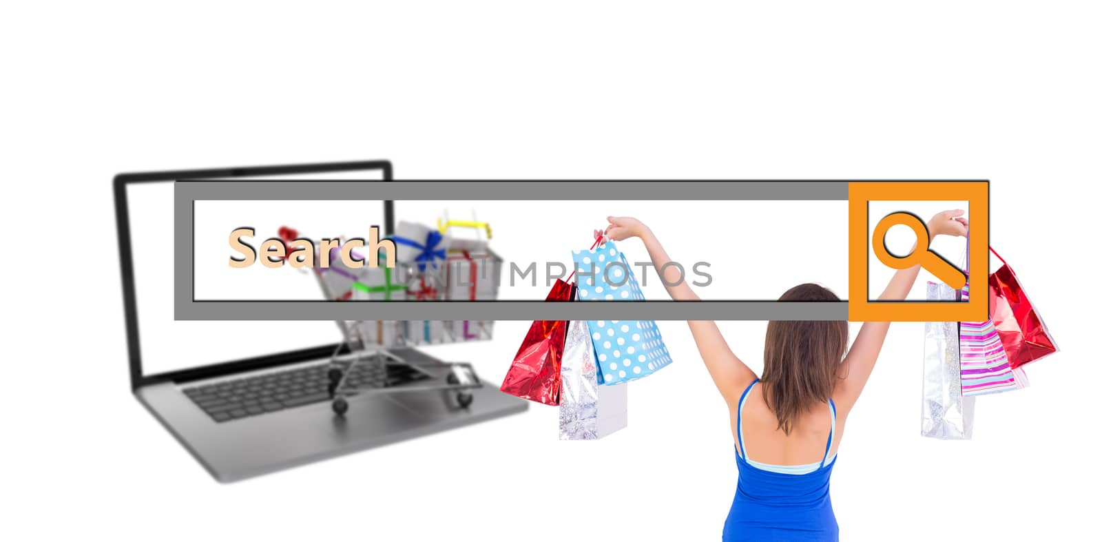 Rear view of a brunette woman raising shopping bags against search engine 