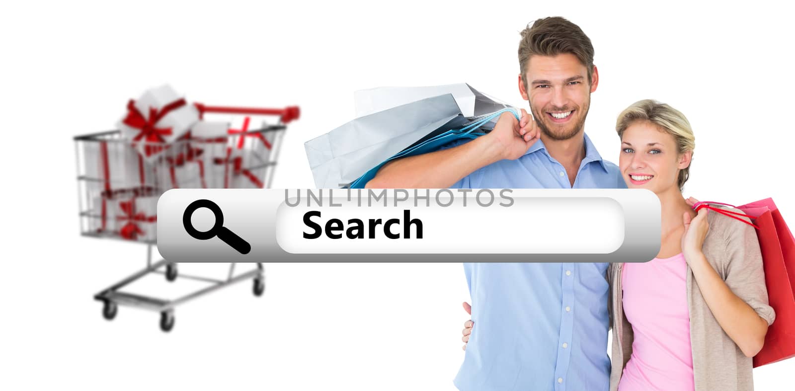 Attractive young couple holding shopping bags against search engine 