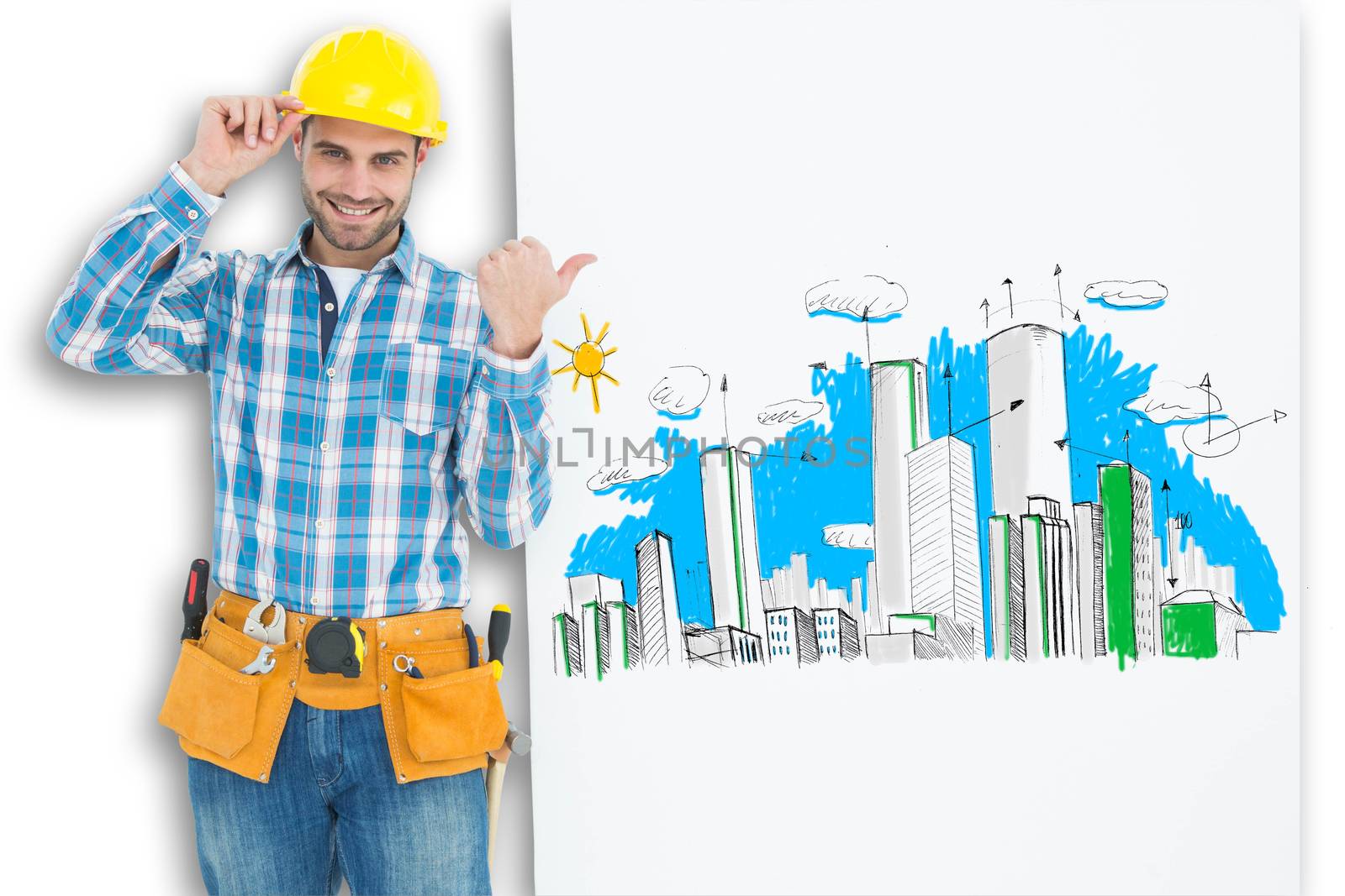 Happy repairman pointing towards blank billboard against crumpled white page 