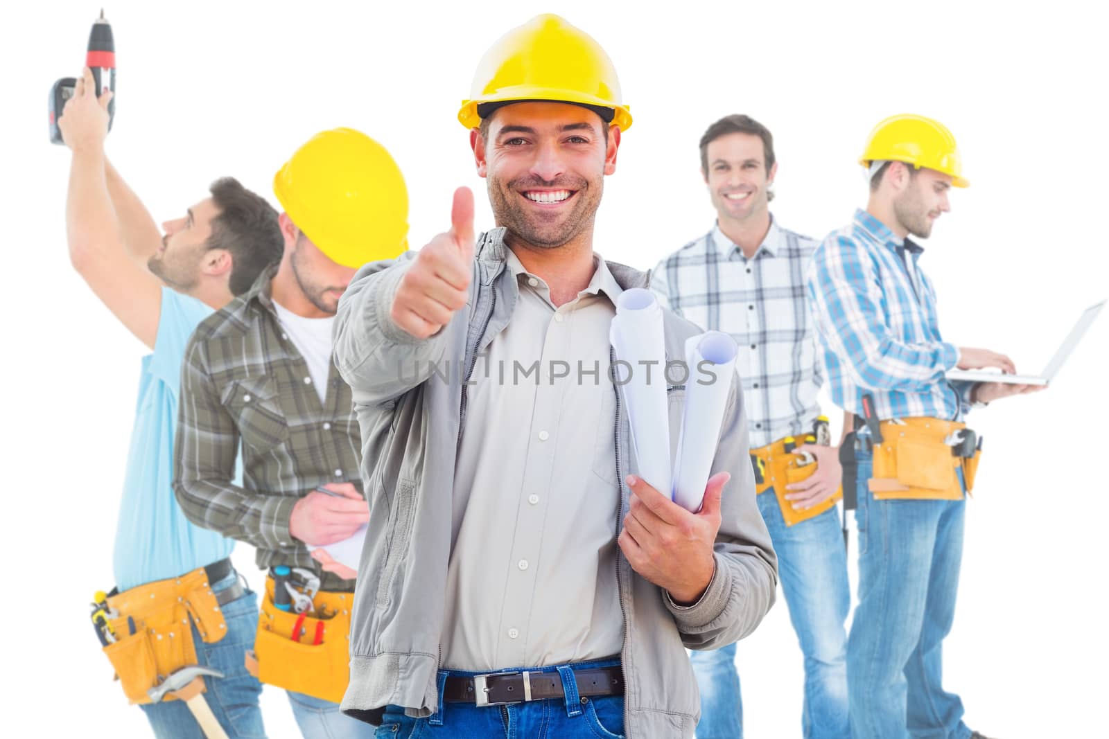 Composite image of architect showing thumbs up