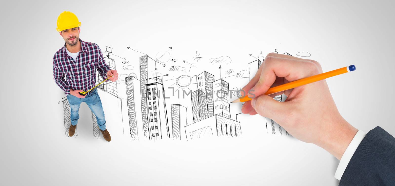 Hand writing with a pencil against city plan
