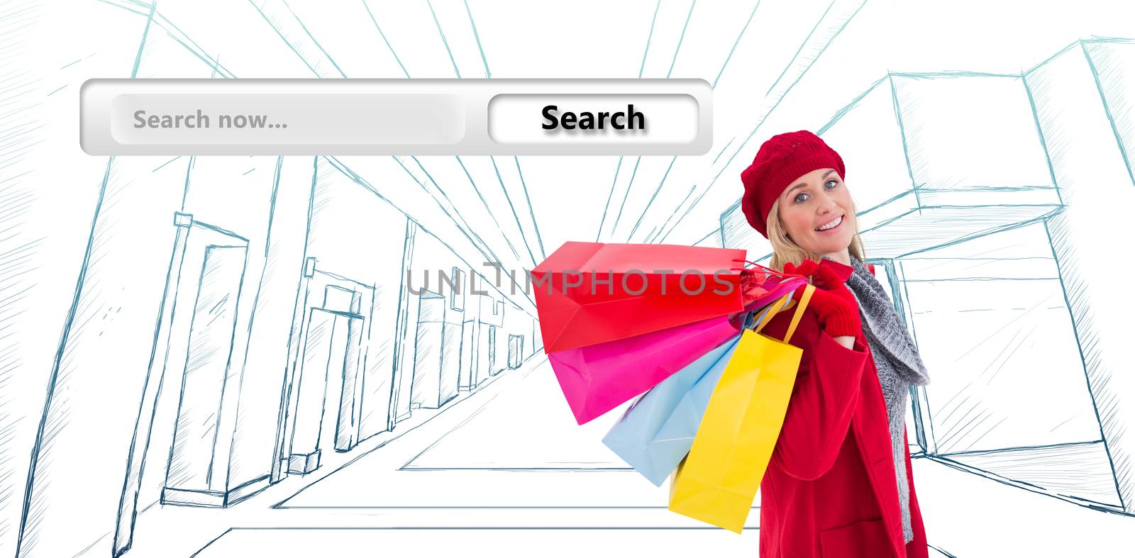 Blonde in winter clothes holding shopping bags against search engine 