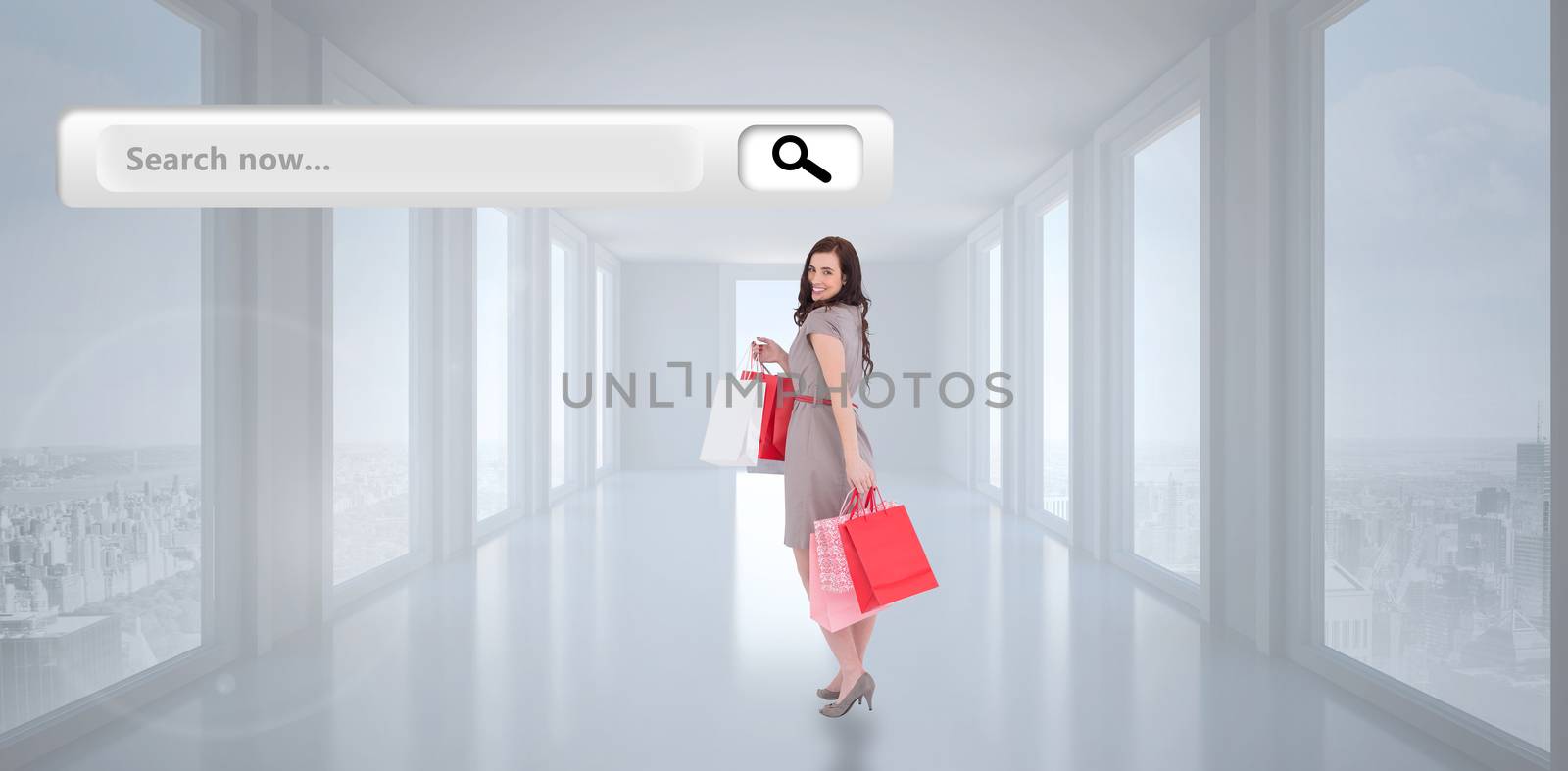 Elegant brown hair posing with shopping bags against bright white hall with columns