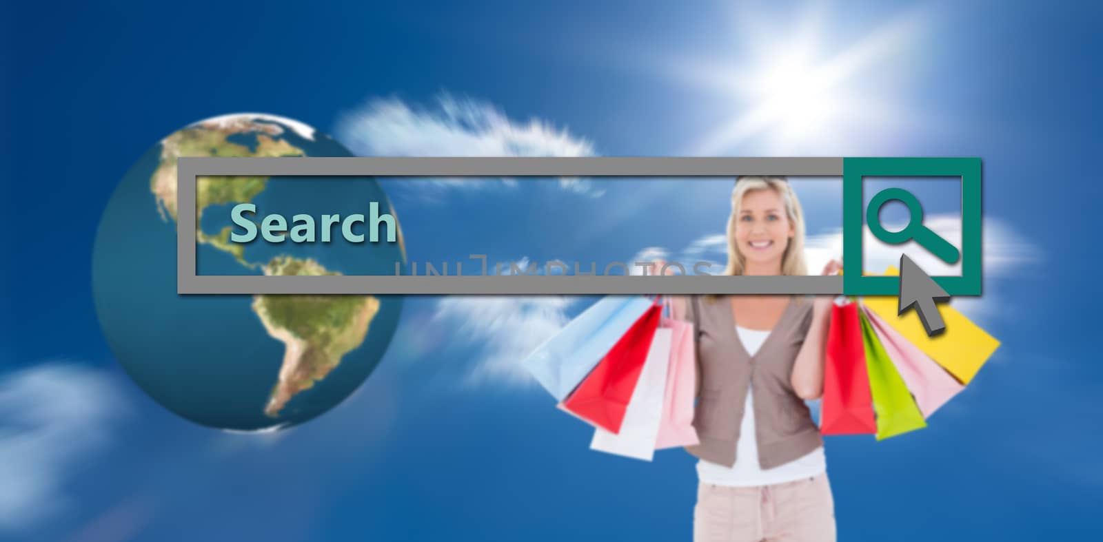 Happy blonde holding shopping bags against sky 