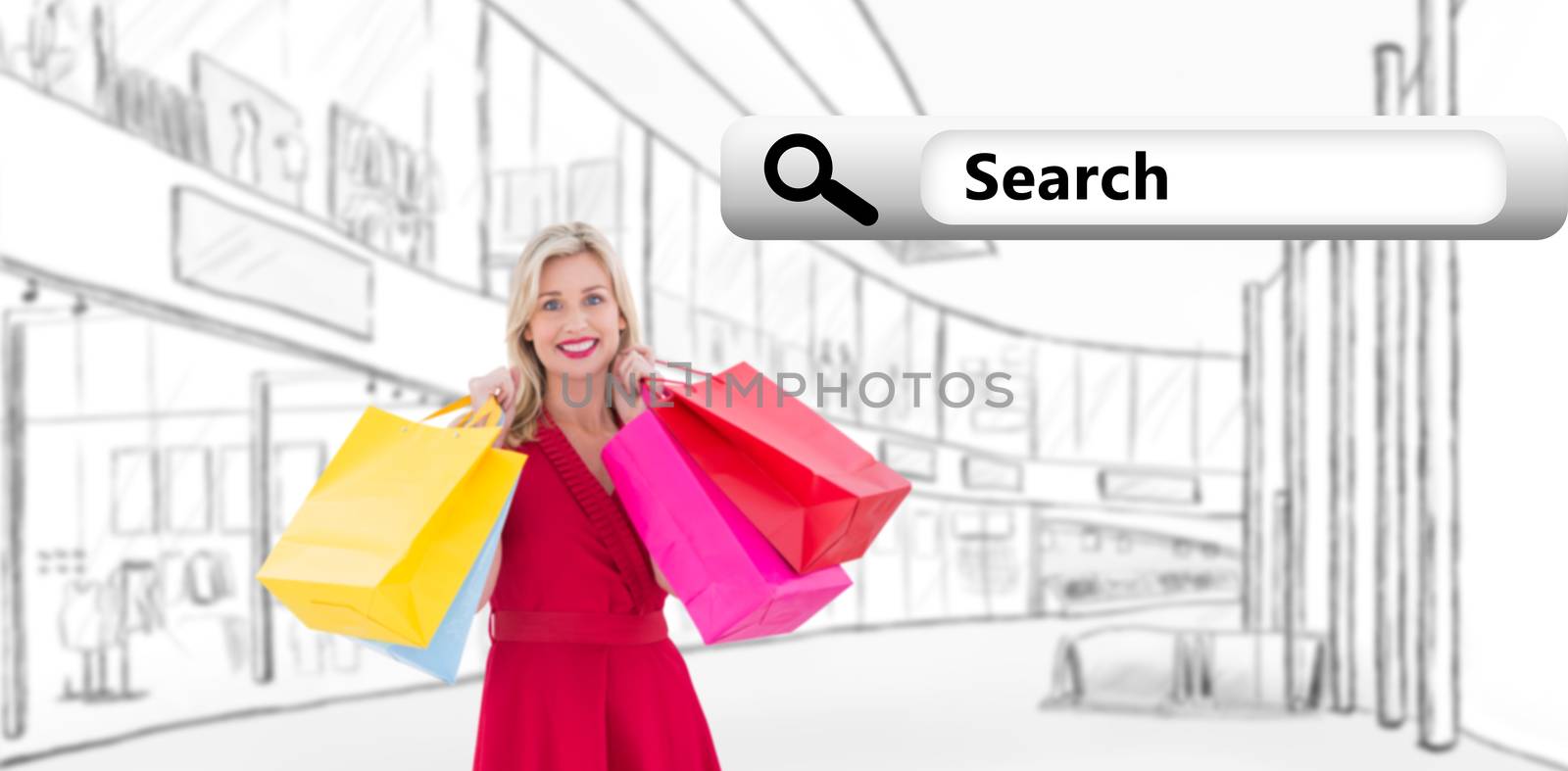 Stylish blonde in red dress holding shopping bags against search engine 