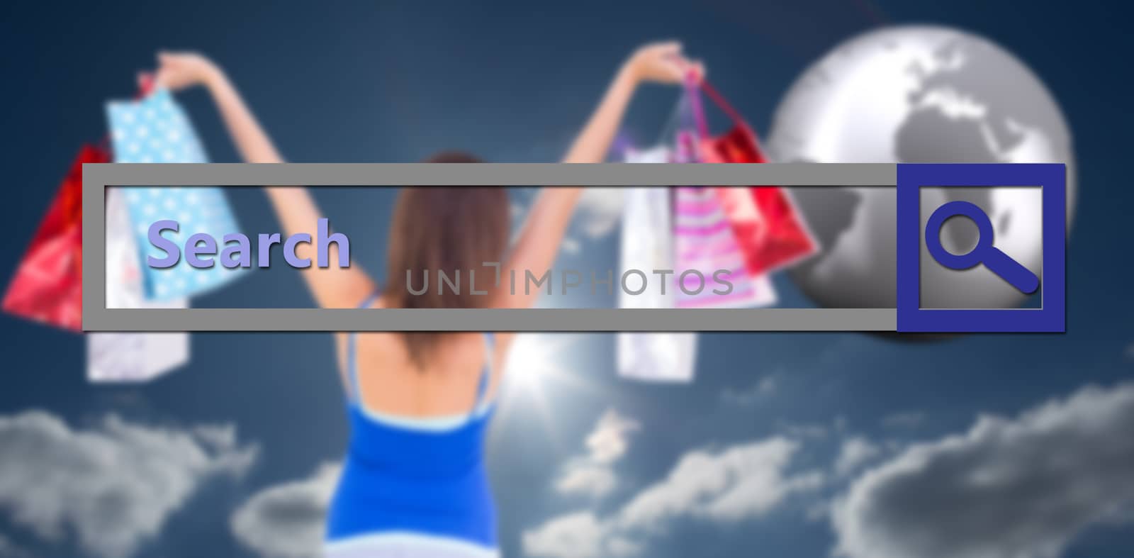 Rear view of a brunette woman raising shopping bags against sky 