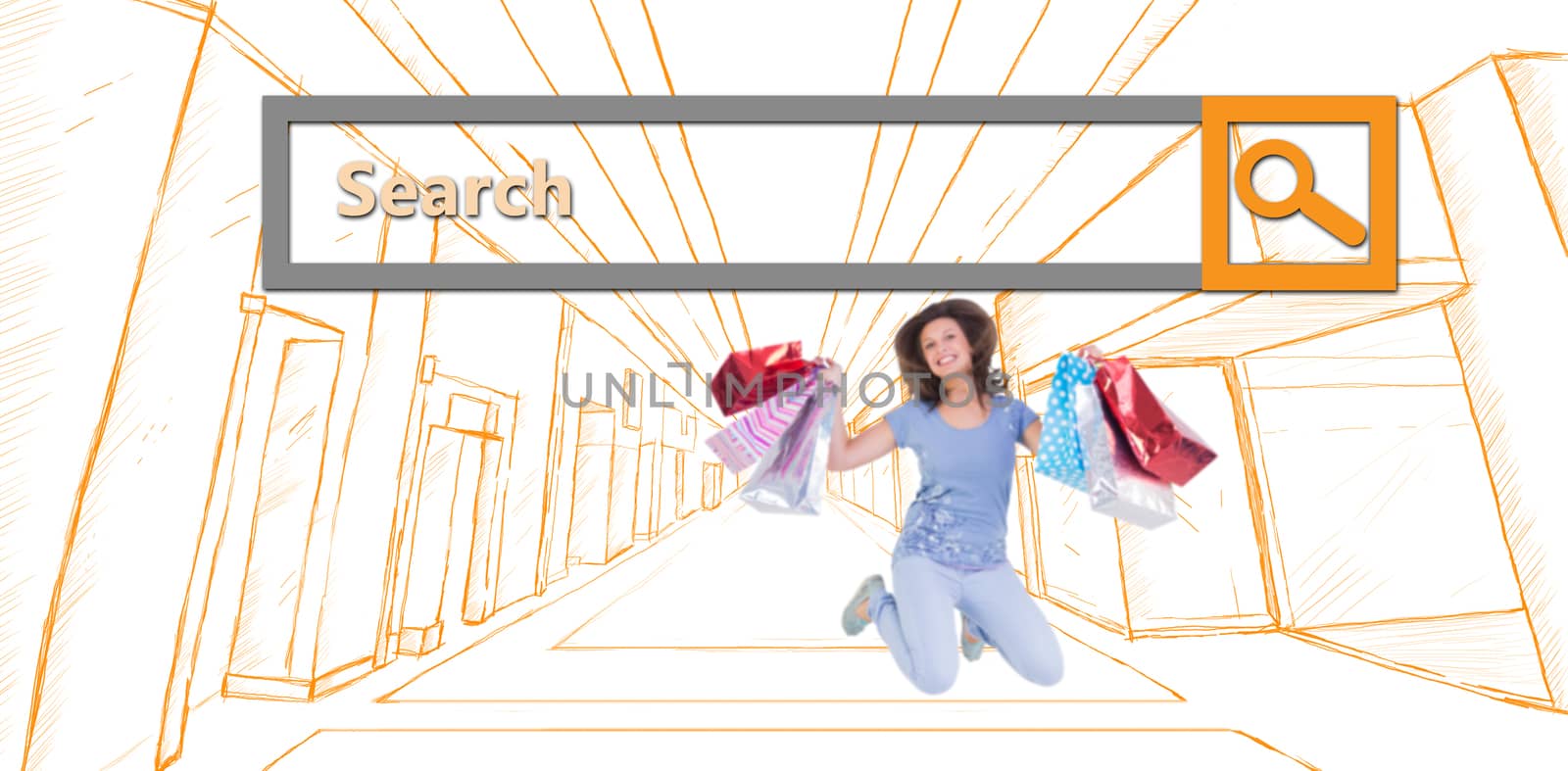 Composite image of excited brunette jumping while holding shopping bags by Wavebreakmedia