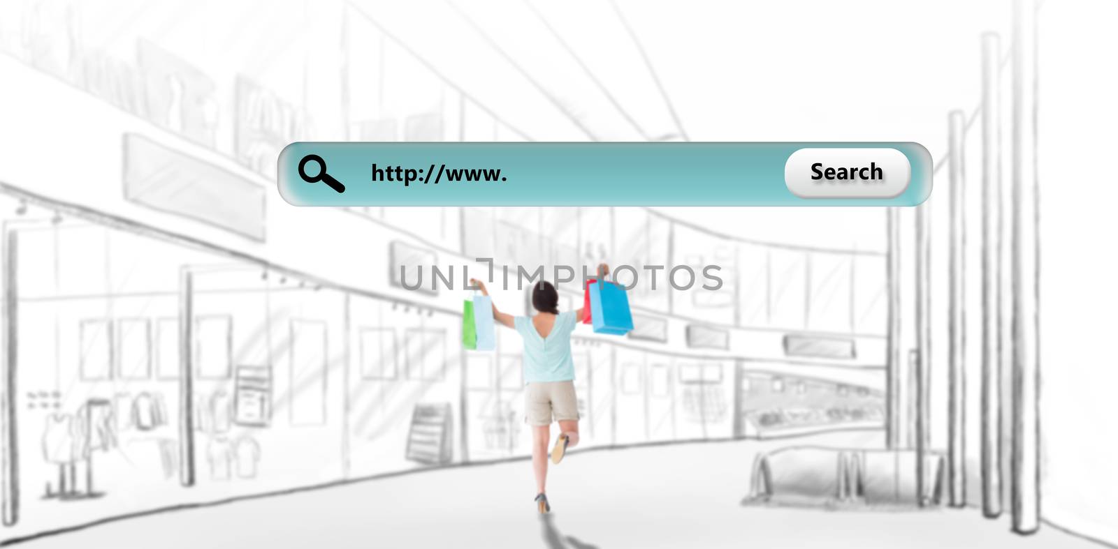 Happy brunette with shopping bags against search engine 