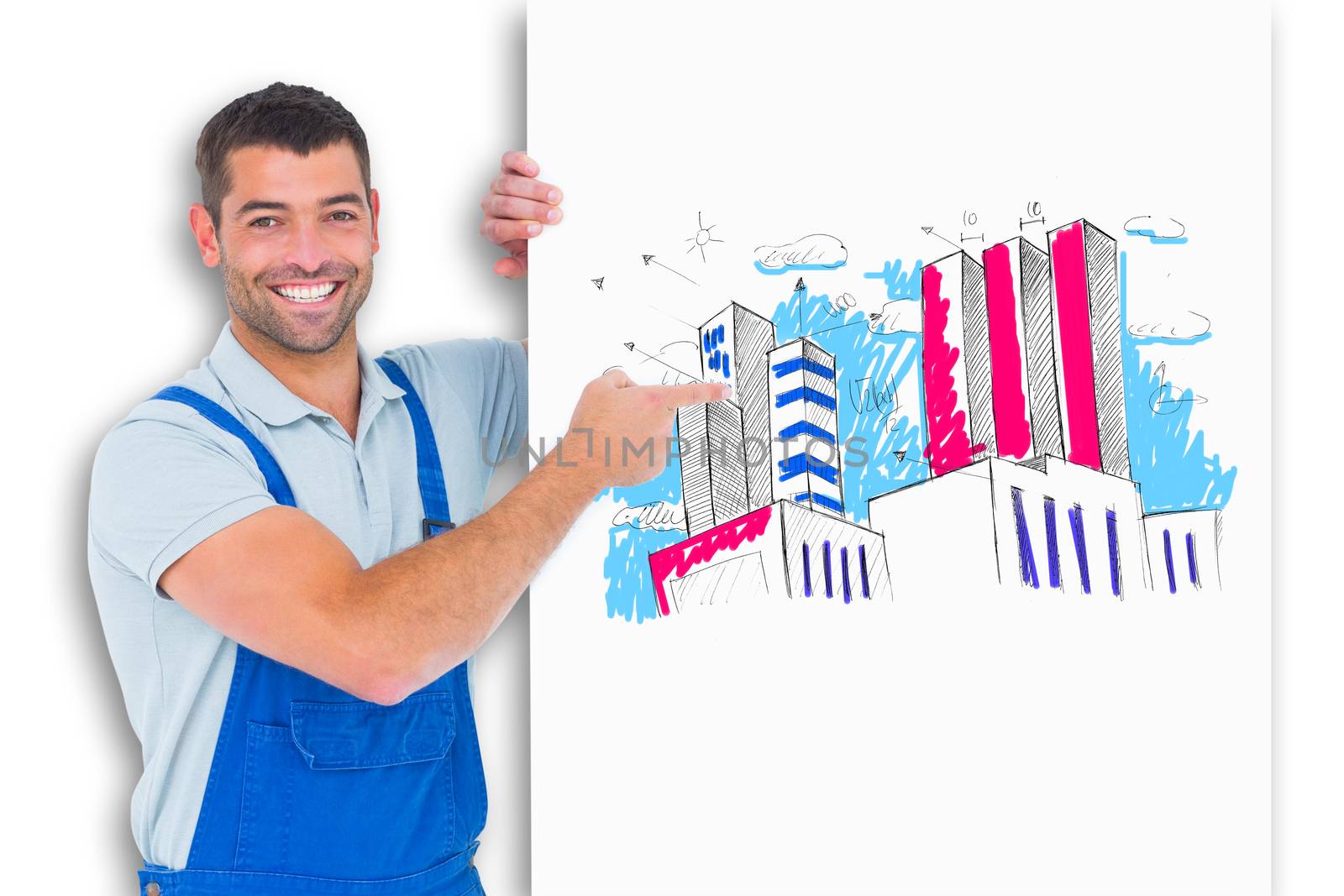 Composite image of repairman in overalls pointing at placard by Wavebreakmedia