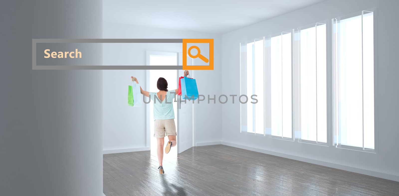Happy brunette with shopping bags against bright room with windows