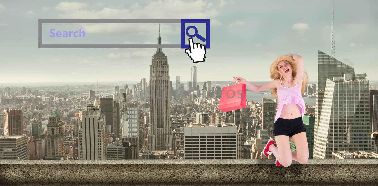 Pretty young blonde holding shopping bags against large city