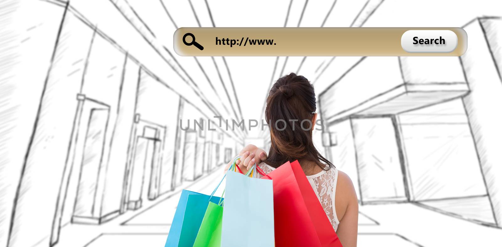 Rear view of brunette holding shopping bags against search engine 