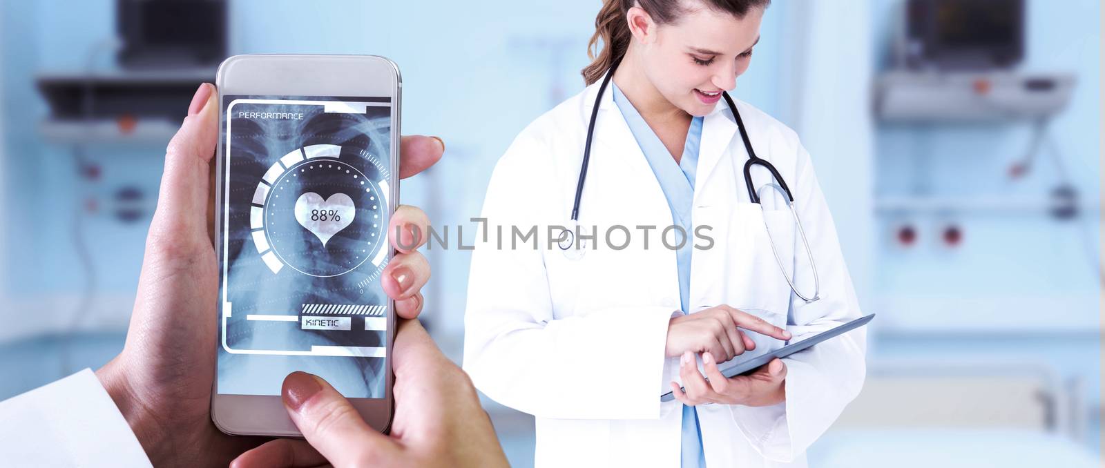 Hand holding smartphone against sterile bedroom