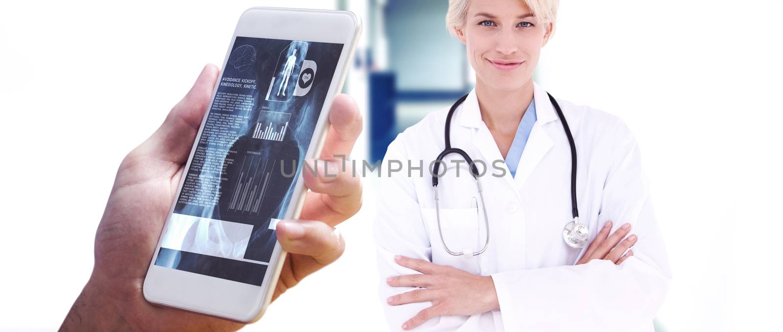 hand holding smartphone against wheelchair in the corridor