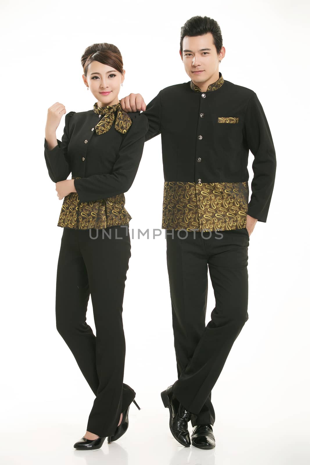 Wear clothing occupation Chinese waiters in white background