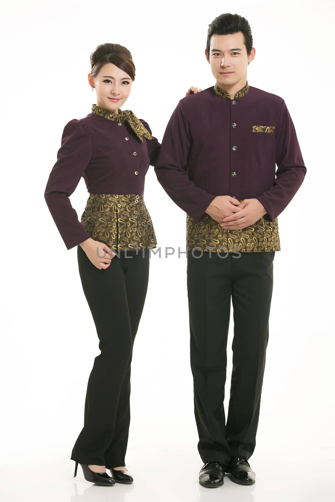 Wear clothing occupation Chinese waiters in white background