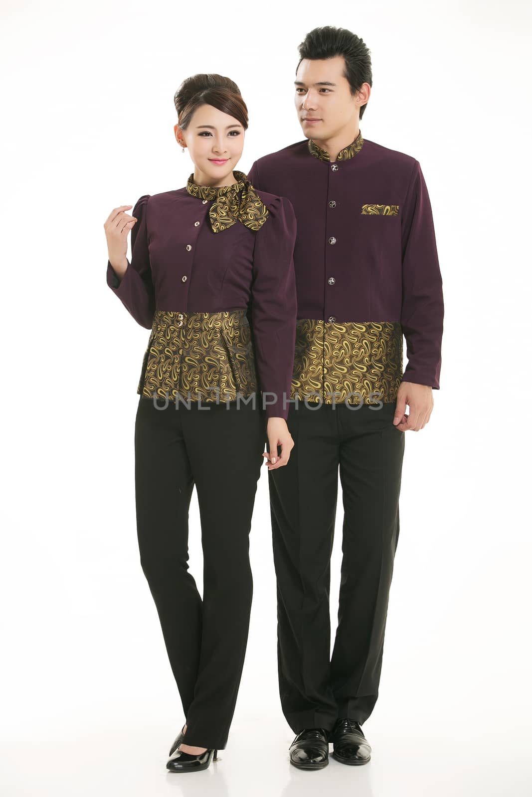 Wear clothing occupation Chinese waiters in white background