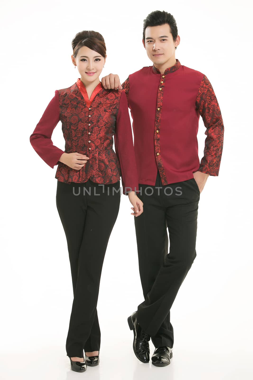 Wear clothing occupation Chinese waiters in white background