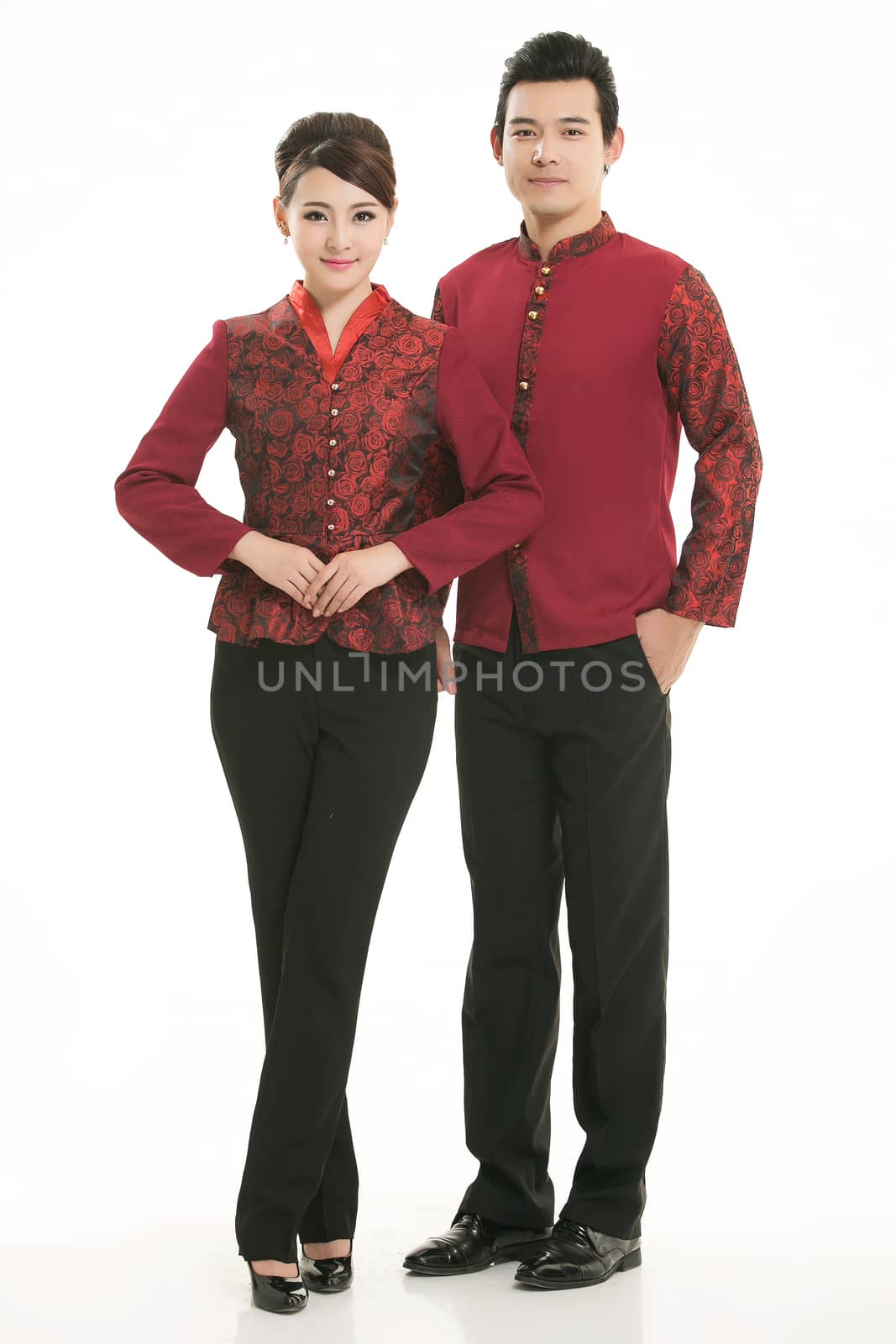Wear clothing occupation Chinese waiters in white background