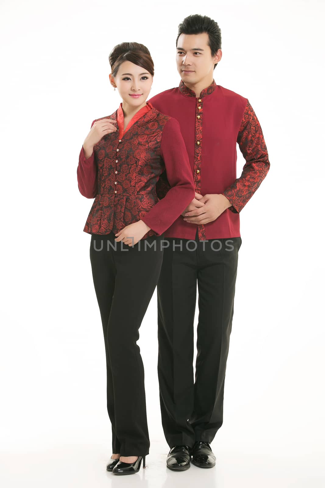 Wear clothing occupation Chinese waiters in white background