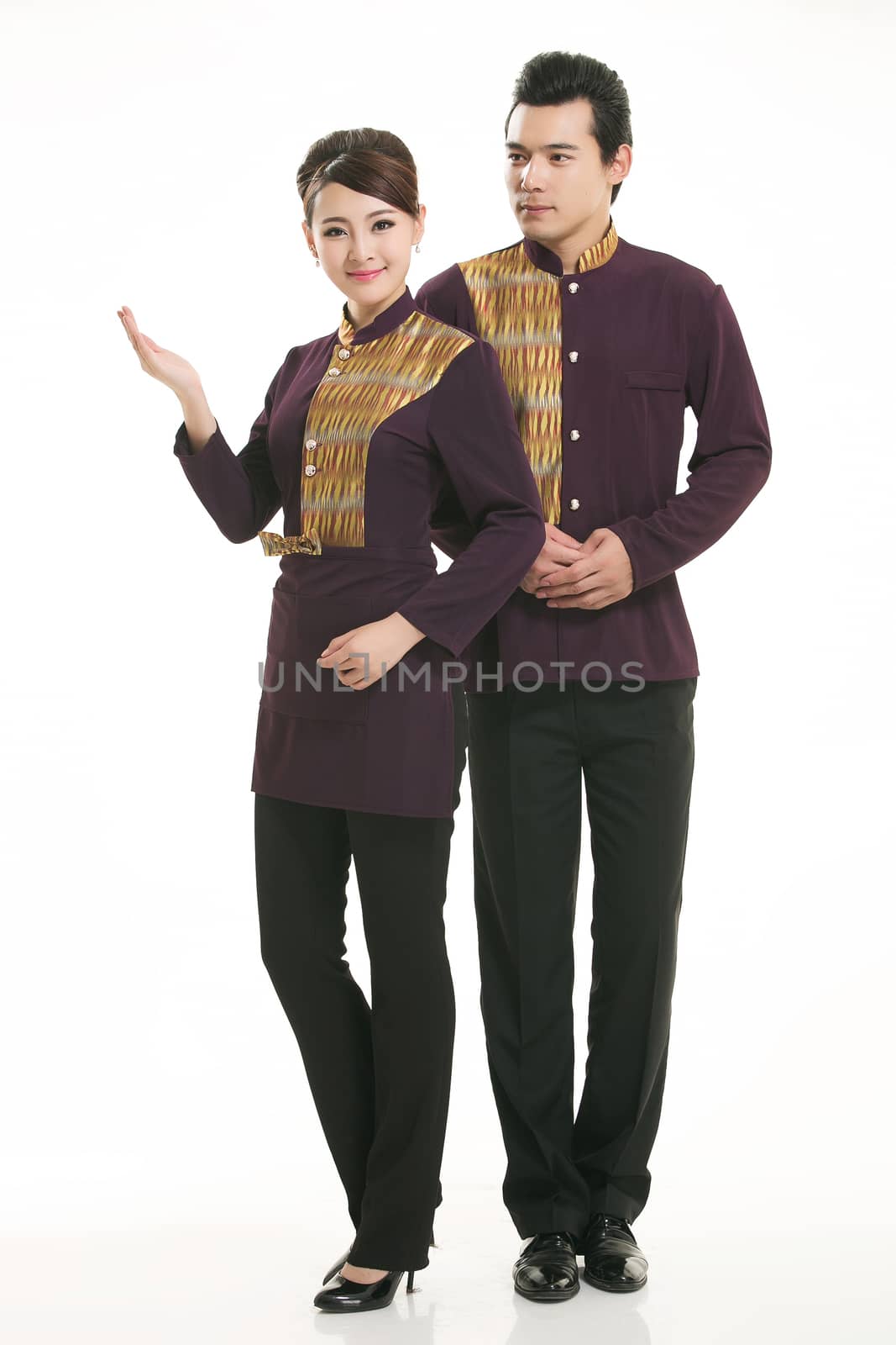 Wear clothing occupation Chinese waiters in white background