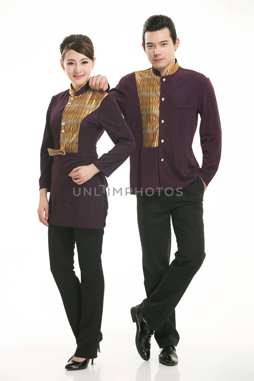 Wear clothing occupation Chinese waiters in white background