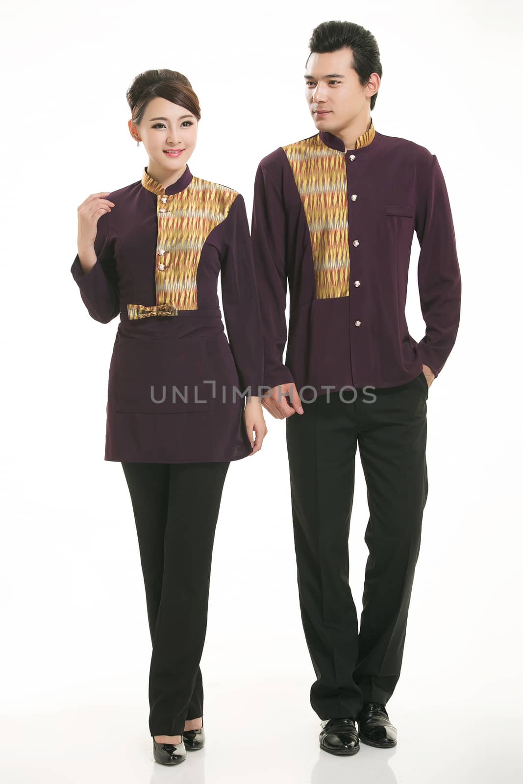 Wear clothing occupation Chinese waiters in white background