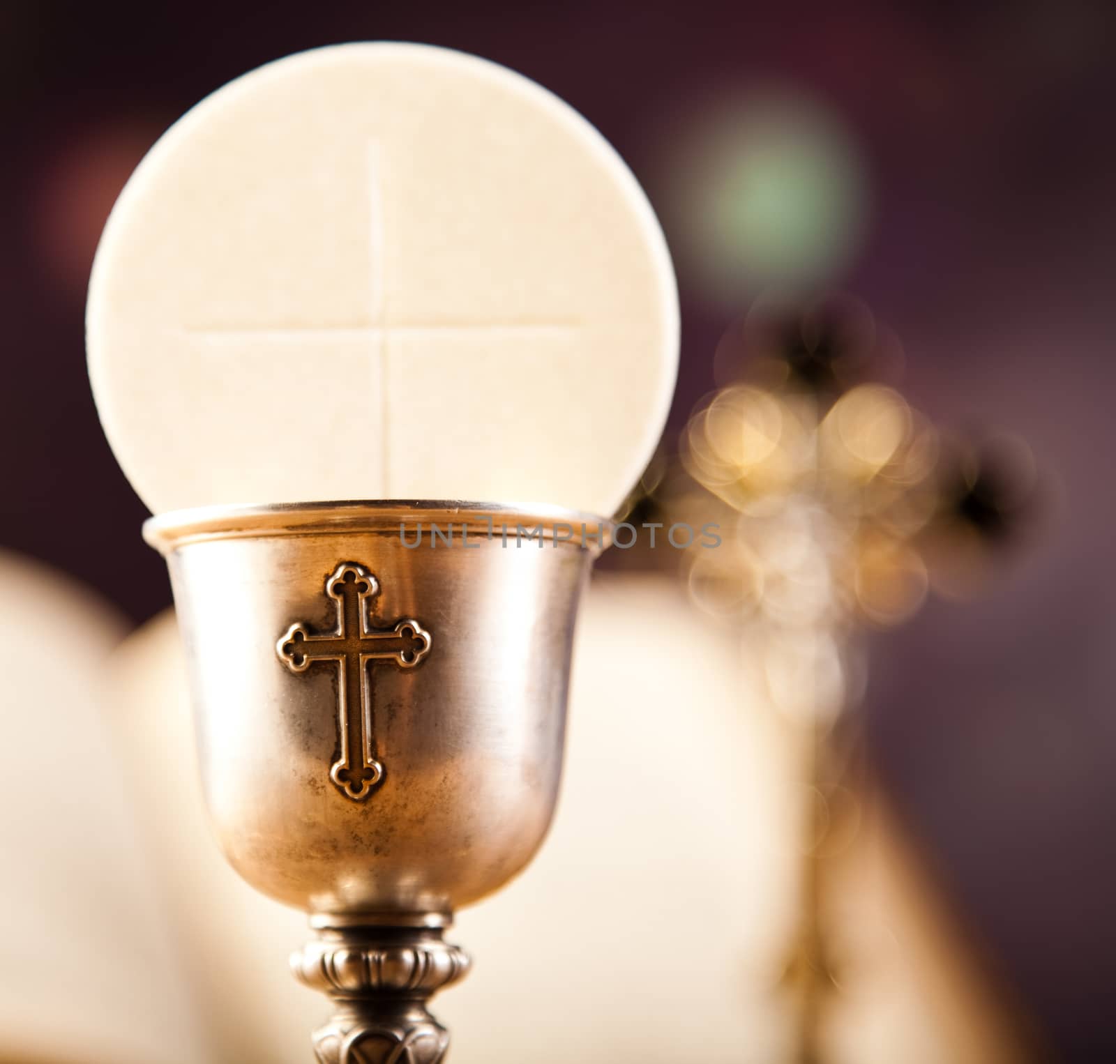 Eucharist, sacrament of communion, bright background, saturated concept