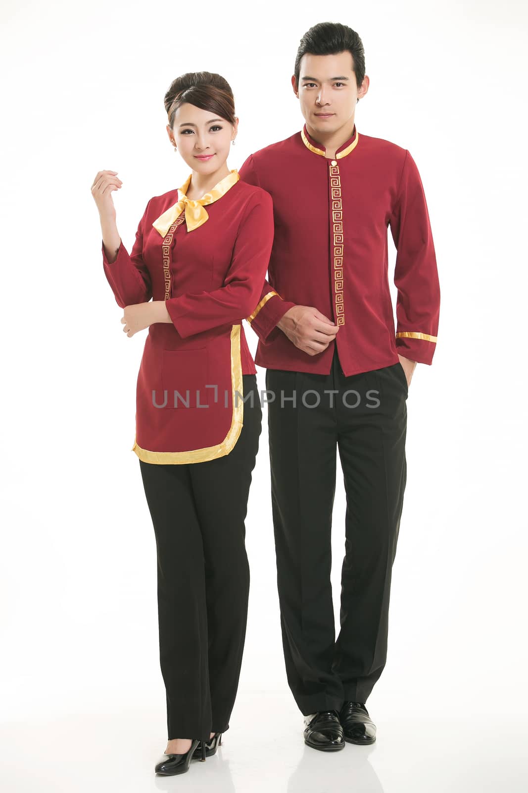 Wear clothing occupation Chinese waiters in white background