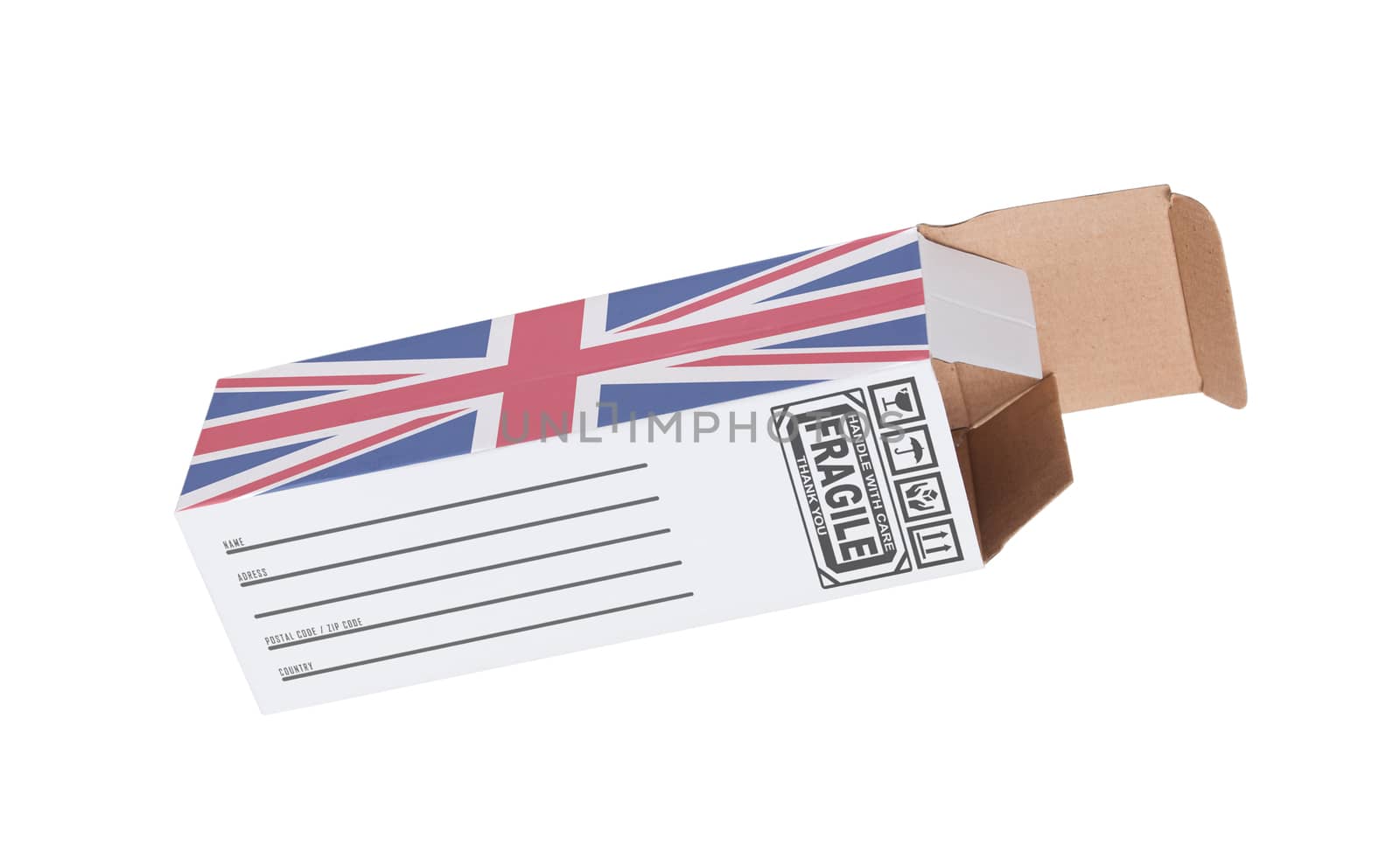 Concept of export, opened paper box - Product of the United Kingdom