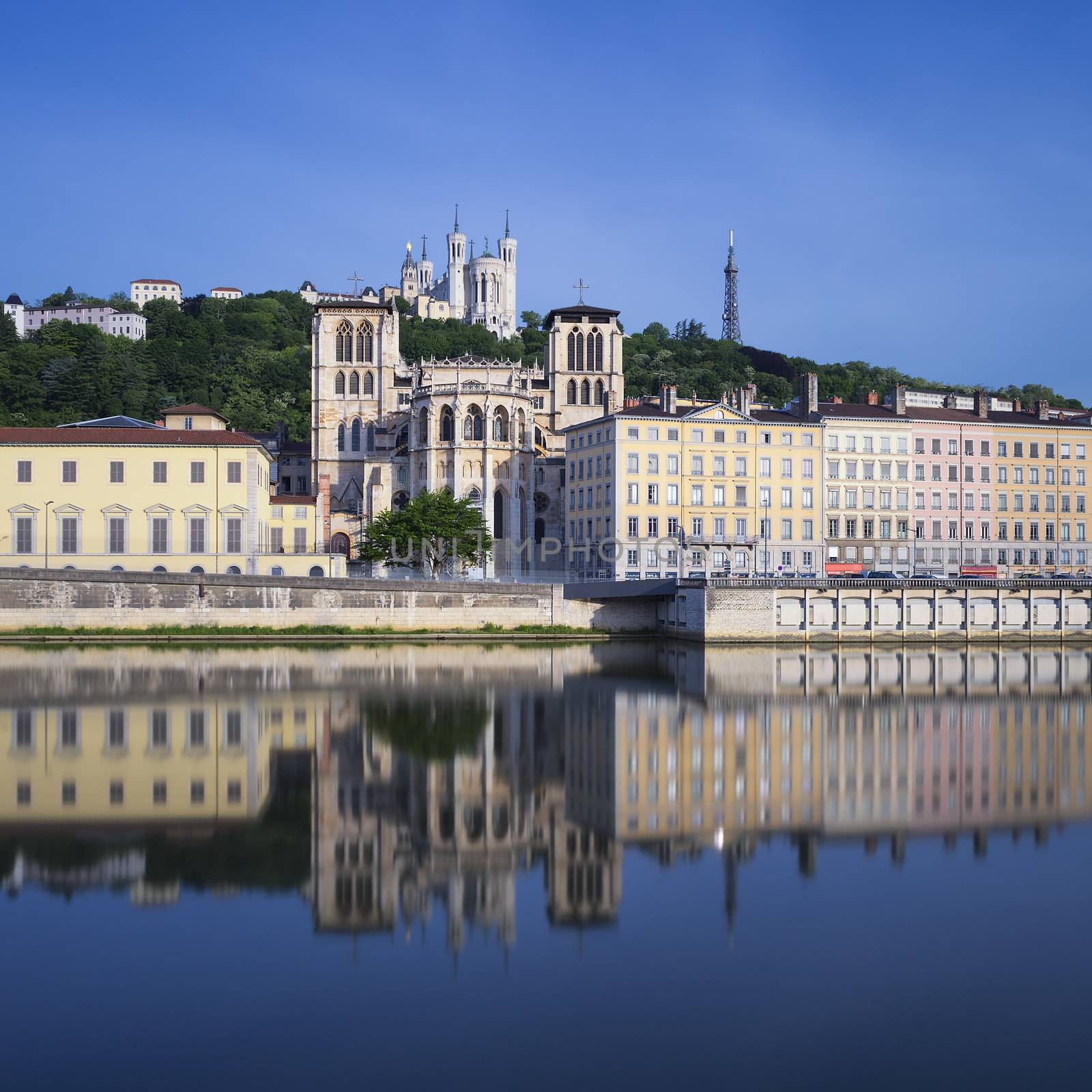 Famous view of Saone river, Lyon, France.