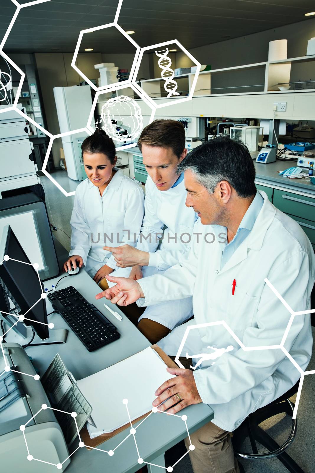 Science and medical graphic against team of scientists working together 