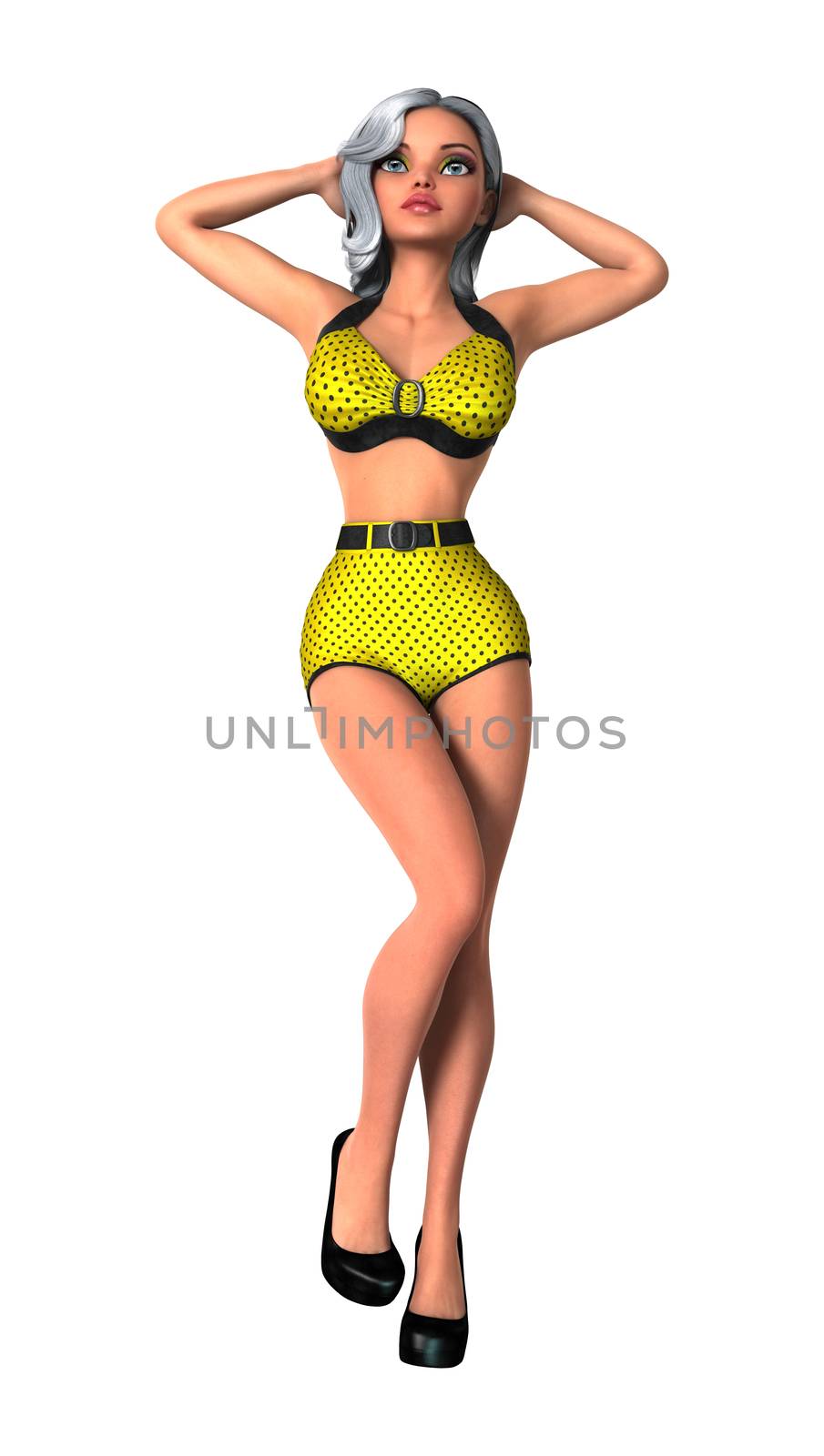 3D digital render of a beautiful pinup girl wearing a swimming suit isolated on white background