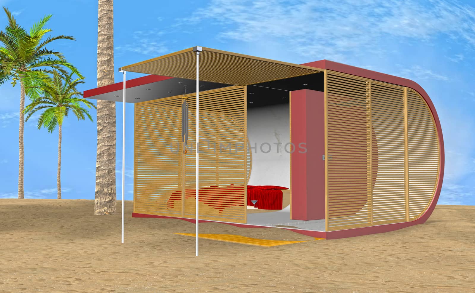 3D illustration of a beach bungalow on a blue sky and gree palm trees background