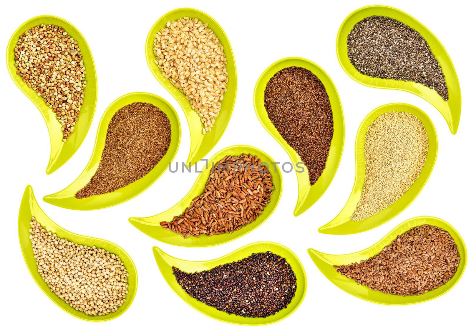 healthy, gluten free, grains and seeds (flax, chia, quinoa, kaniwa, sorghum, rice, buckwheat, amaranth, teff) - top view of teardrop shaped bowls on white background