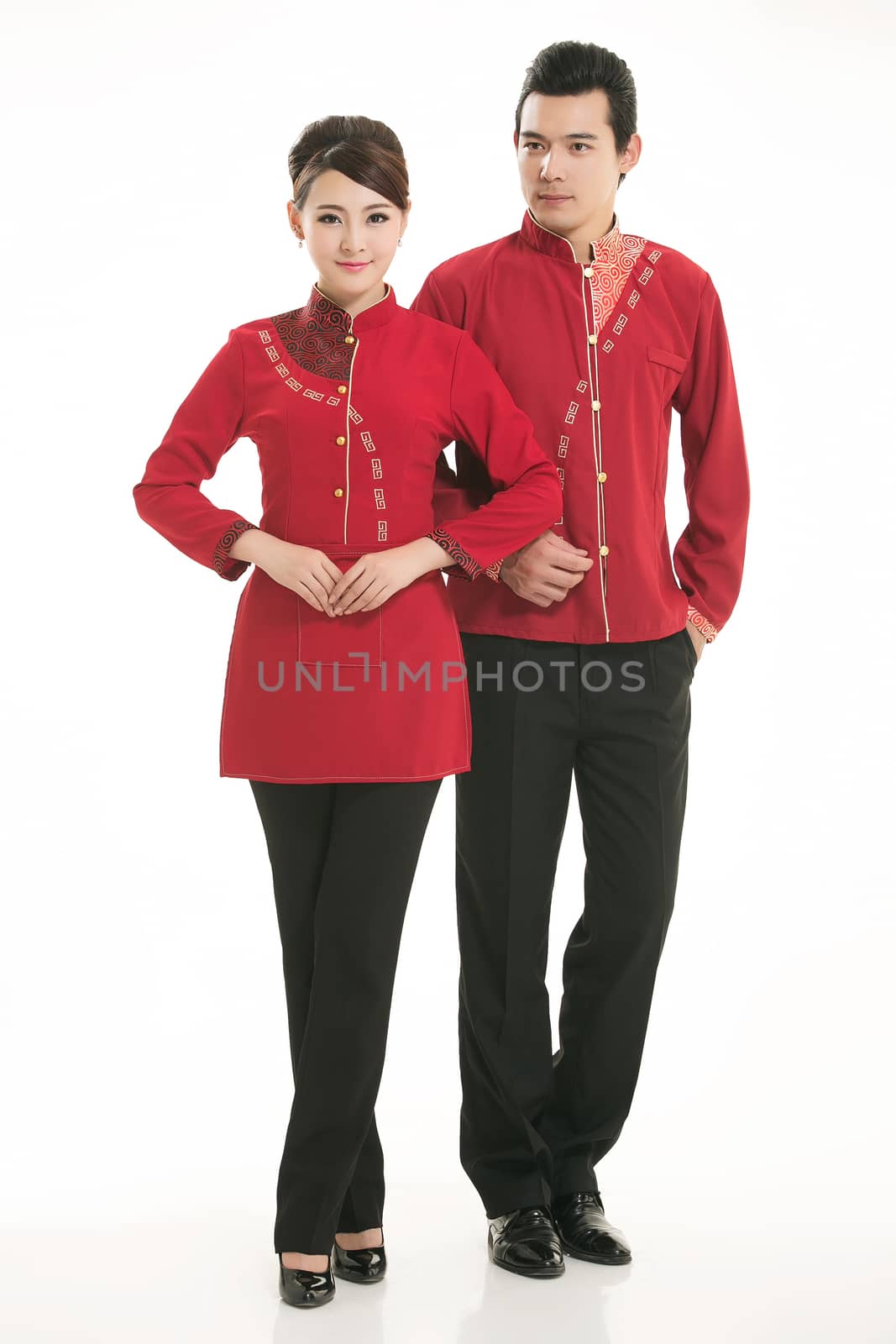 Wear clothing occupation Chinese waiters in white background by quweichang